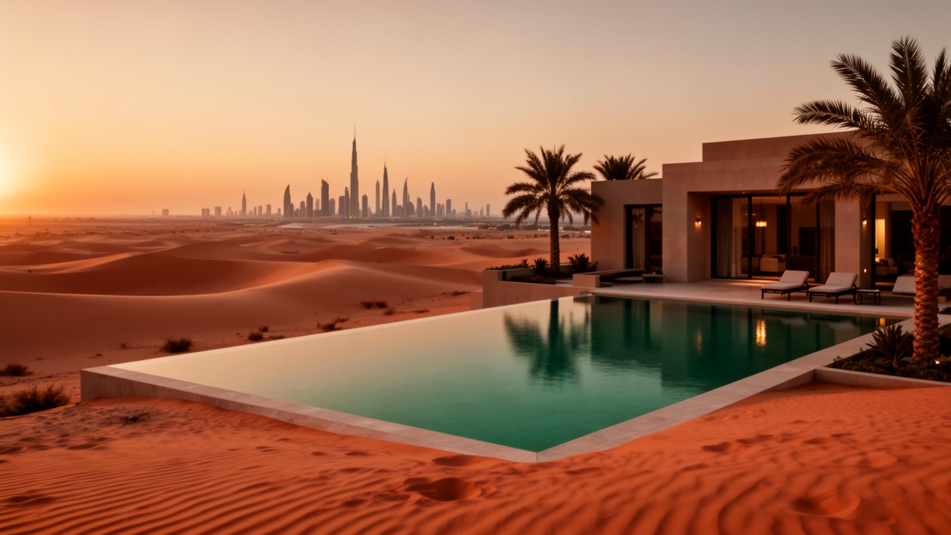 Luxury Gulf villa with infinity pool overlooking desert dunes at golden hour